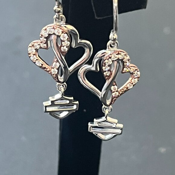 HARLEY DAVIDSON SILVER ROSE GOLD BLING HEART EARRINGS - Picture 1 of 5